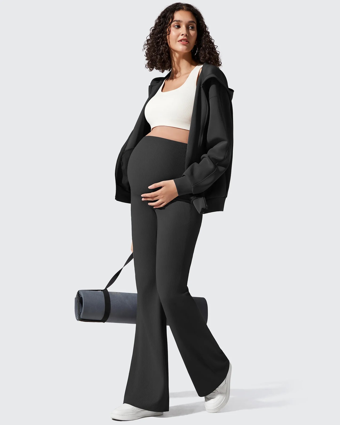 Pantalones Acanalados de Yoga Acampanados para Embarazadas con Bolsillos