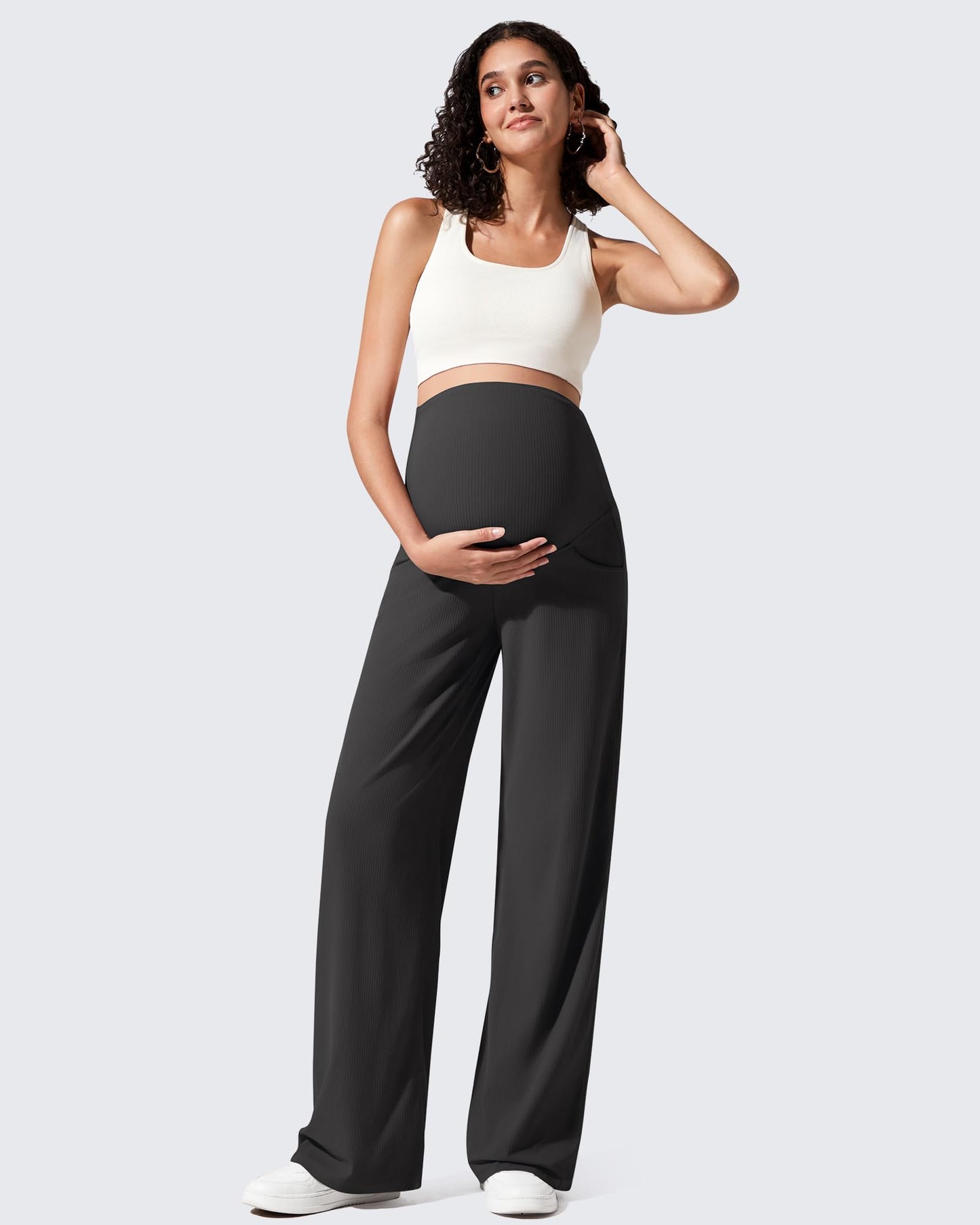 Pantalones de yoga casuales de maternidad acanalados de pierna ancha
