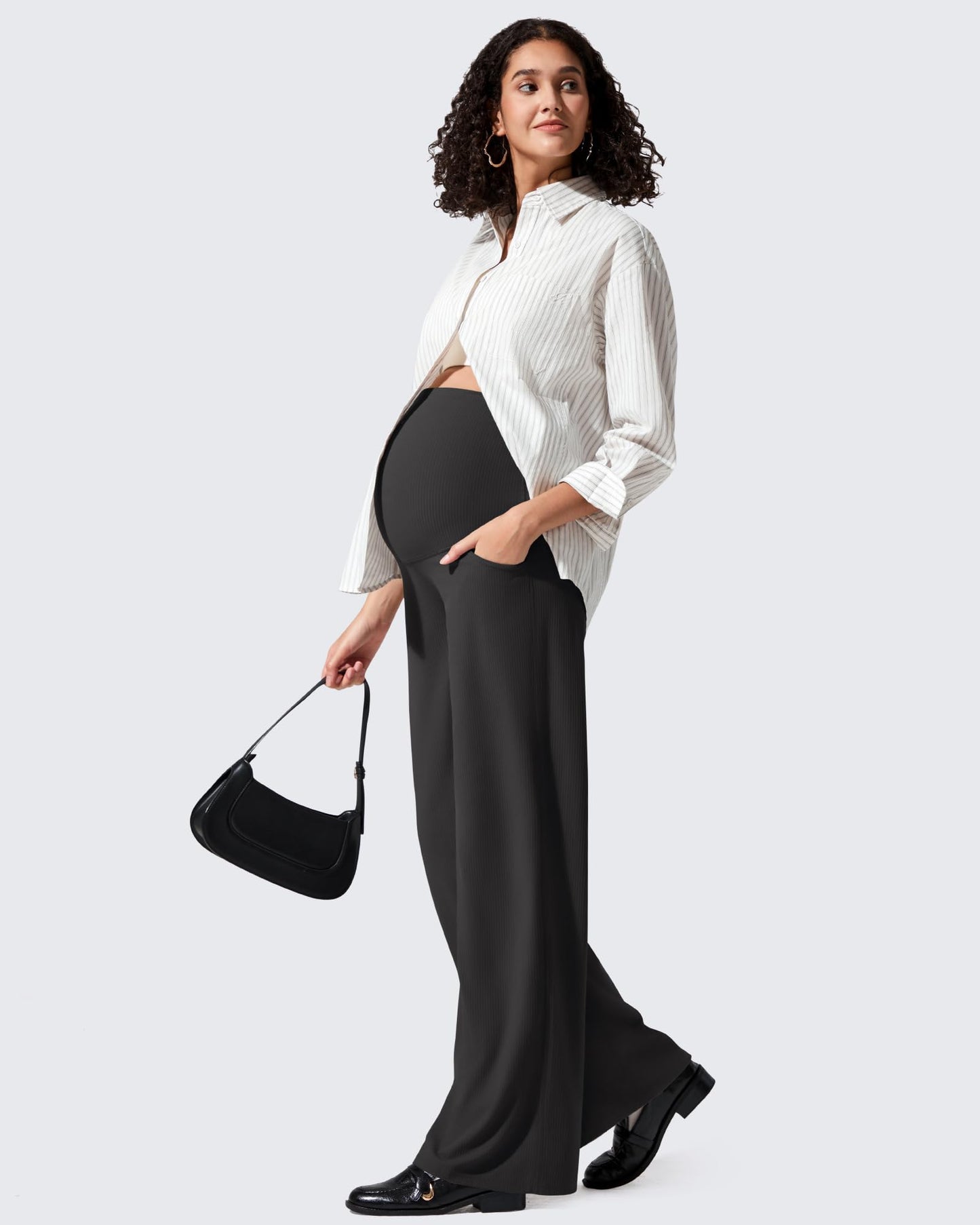 Pantalones de yoga casuales de maternidad acanalados de pierna ancha