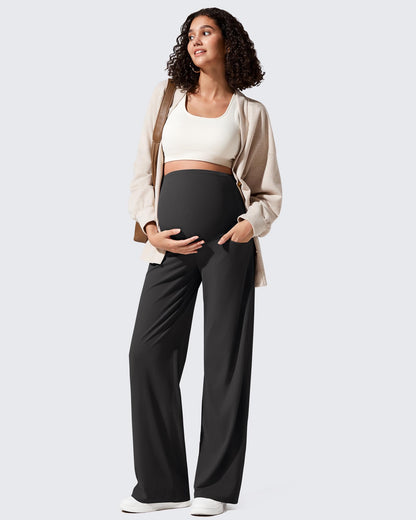 Pantalones de yoga casuales de maternidad acanalados de pierna ancha