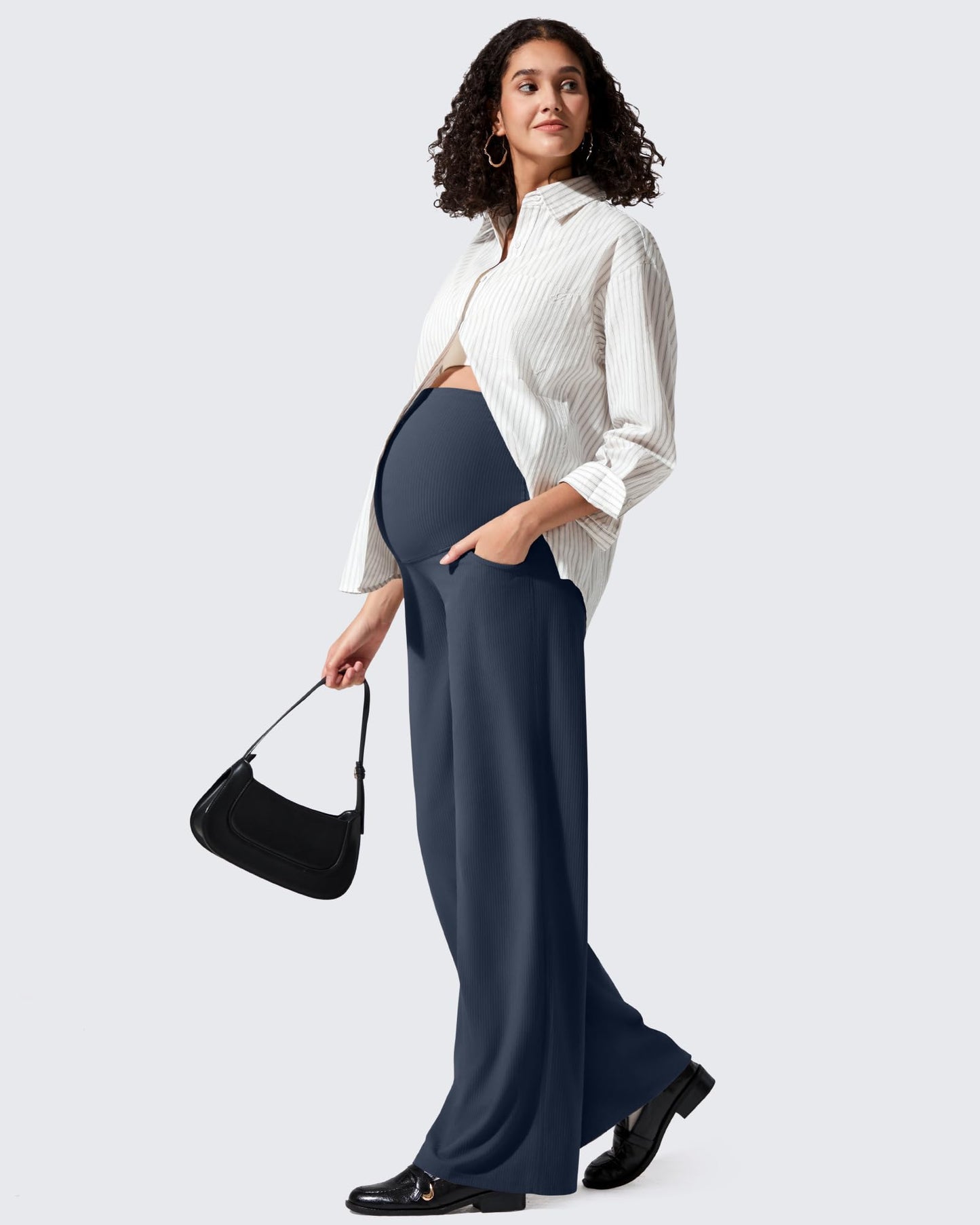 Pantalones de yoga casuales de maternidad acanalados de pierna ancha