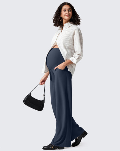 Pantalones de yoga casuales de maternidad acanalados de pierna ancha