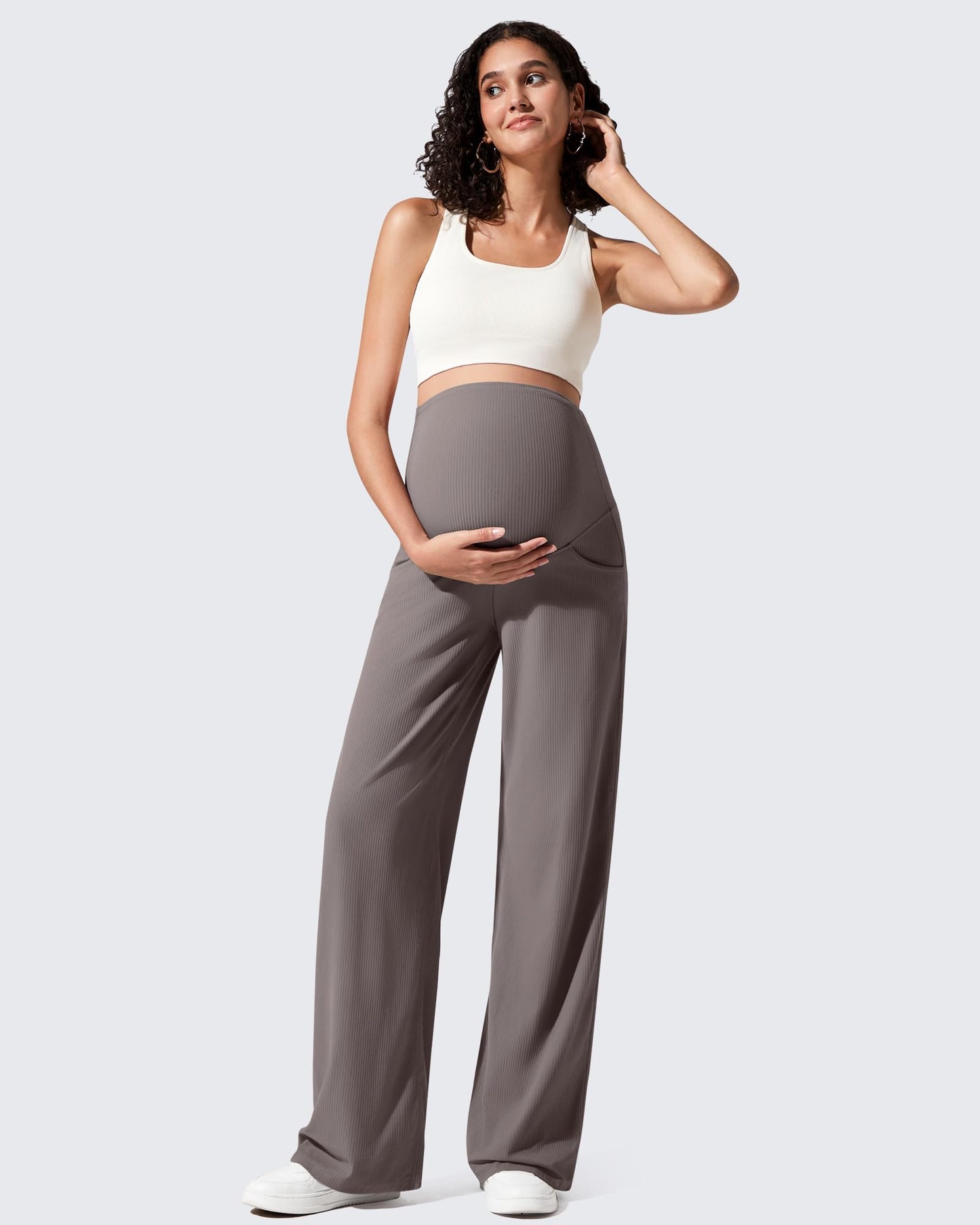 Pantalones de yoga casuales de maternidad acanalados de pierna ancha