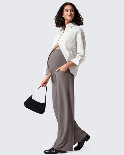 Pantalones de yoga casuales de maternidad acanalados de pierna ancha
