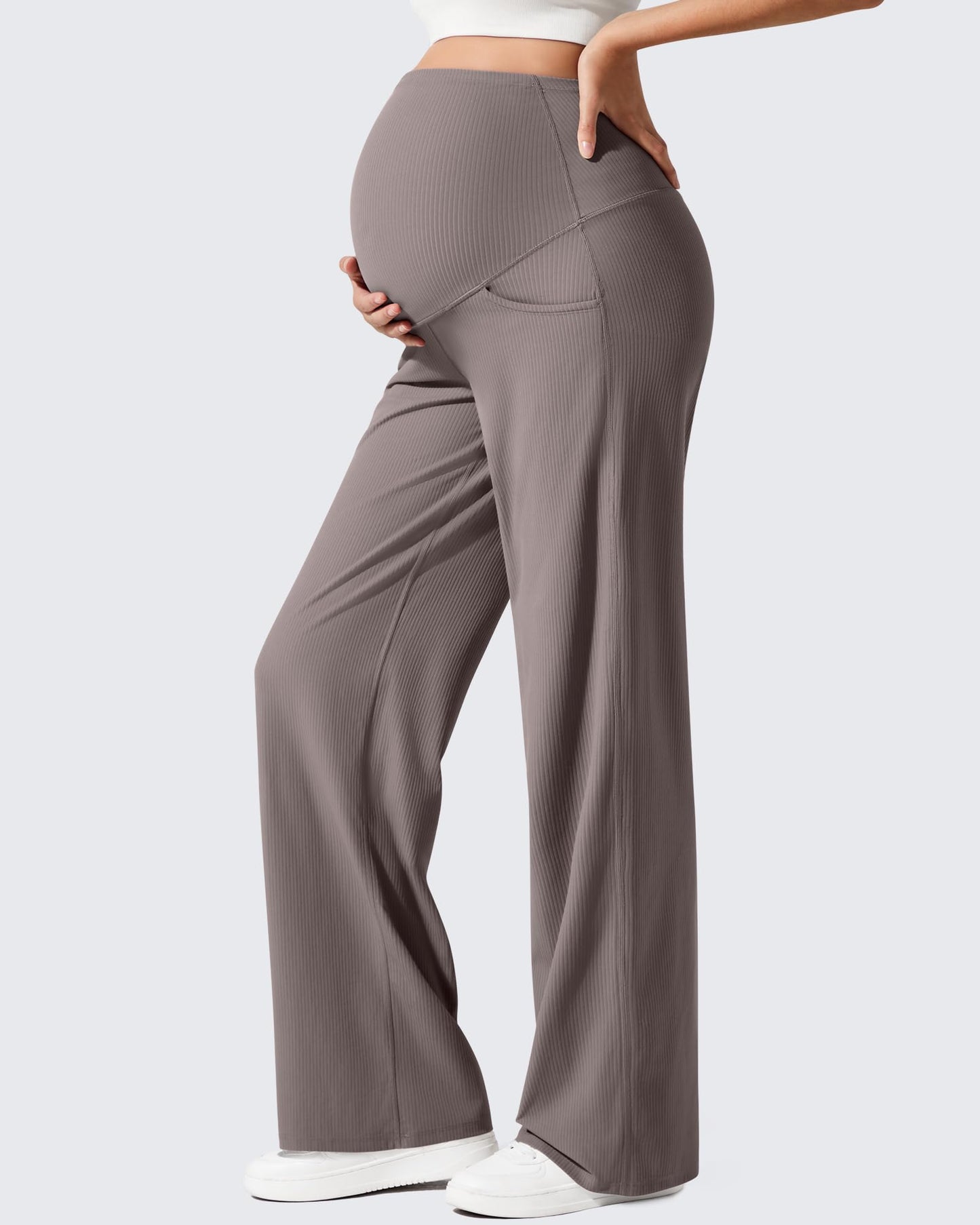 Pantalones de yoga casuales de maternidad acanalados de pierna ancha
