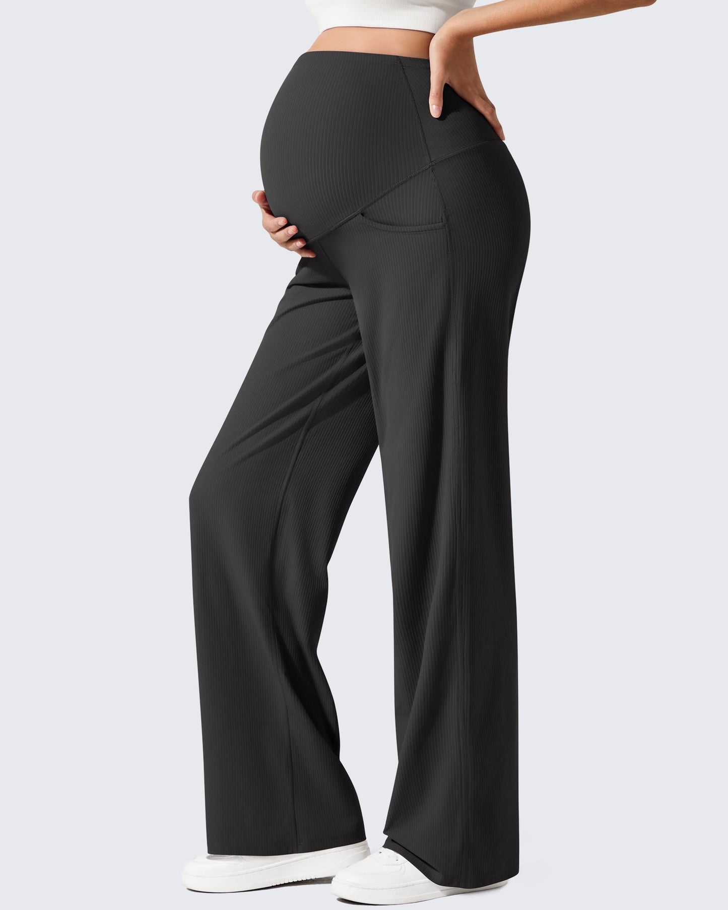 Pantalones de yoga casuales de maternidad acanalados de pierna ancha