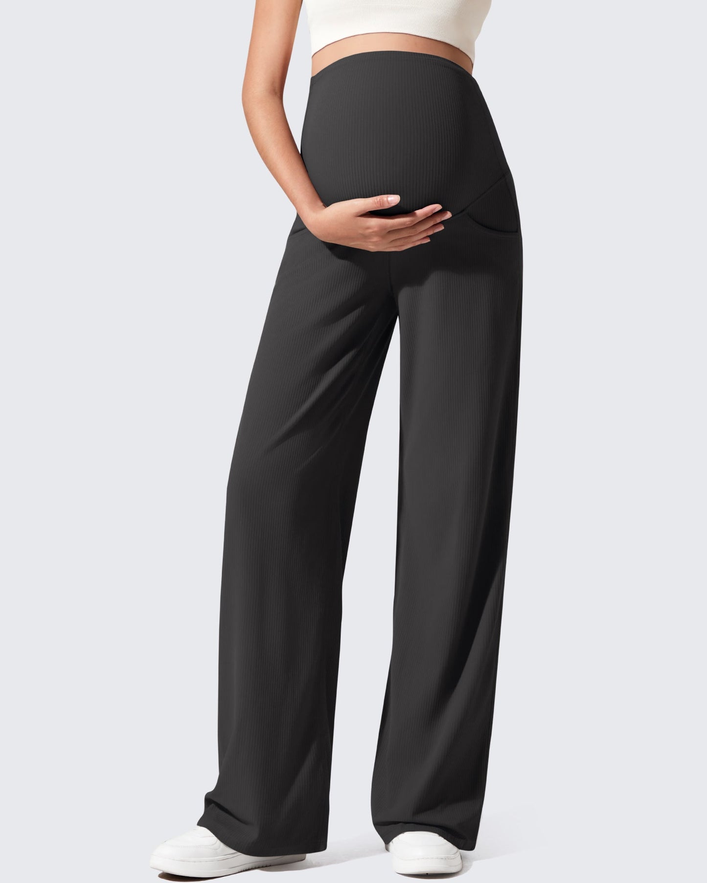 Pantalones de yoga casuales de maternidad acanalados de pierna ancha
