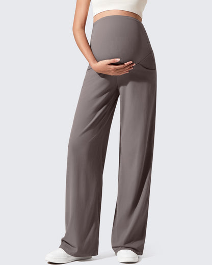 Pantalones de yoga casuales de maternidad acanalados de pierna ancha