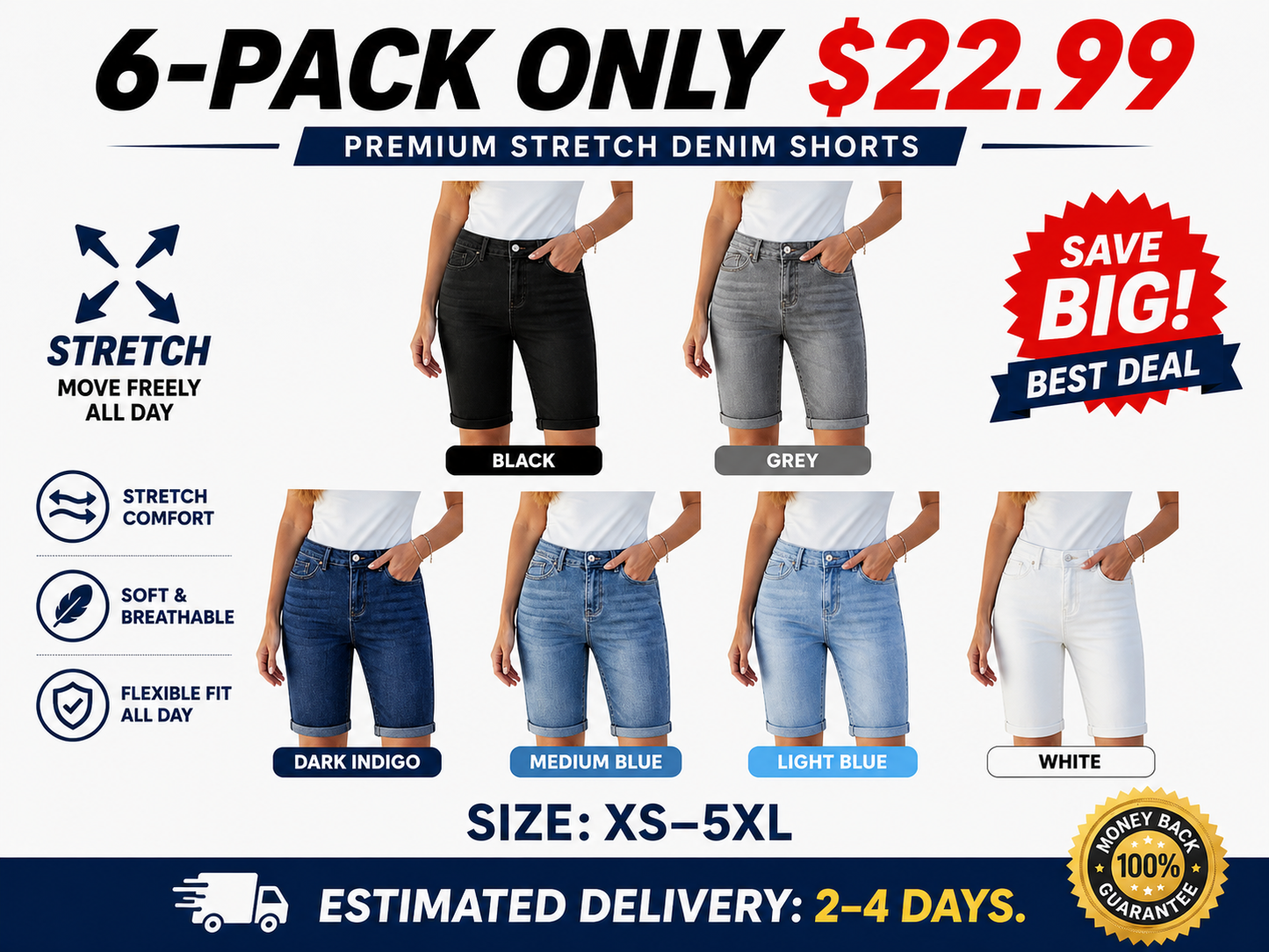 High-Waisted, Knee-Length, Cuffed Stretch Denim Shorts (Summer Style)