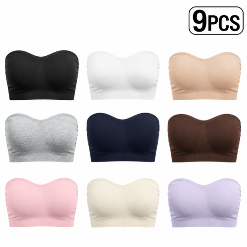 9 PACK-Women Non-Slip Silicone Padded Bandeau Bra Wireless Tube Top Bra