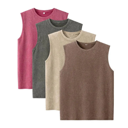 (4-pack)Oversized Vintage Washed Cotton Tees & Sleeveless Vests