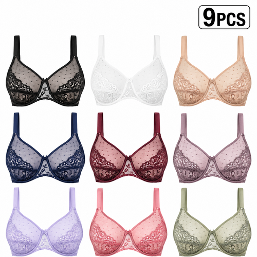 9 PACK-Women Full Coverage Lace Underwire Unlined Supportive Bra for Large Bust