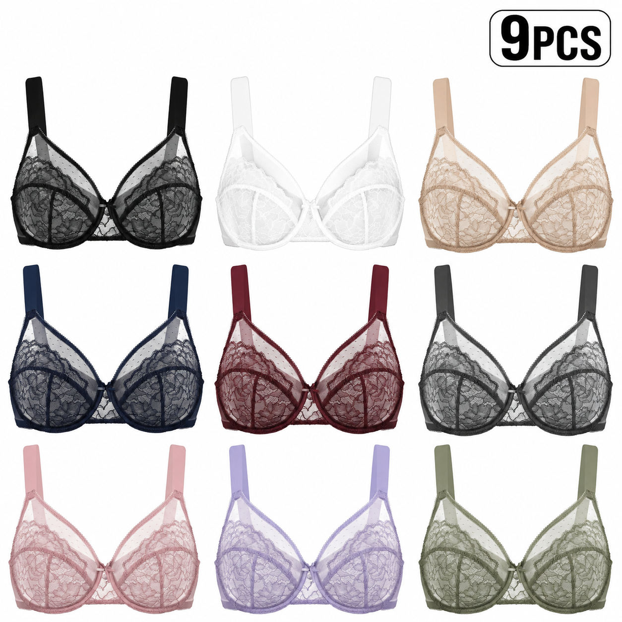9 PACK-Floral Lace Plus Size Underwire Unlined Unpadded Minimizer Full Coverage Bra