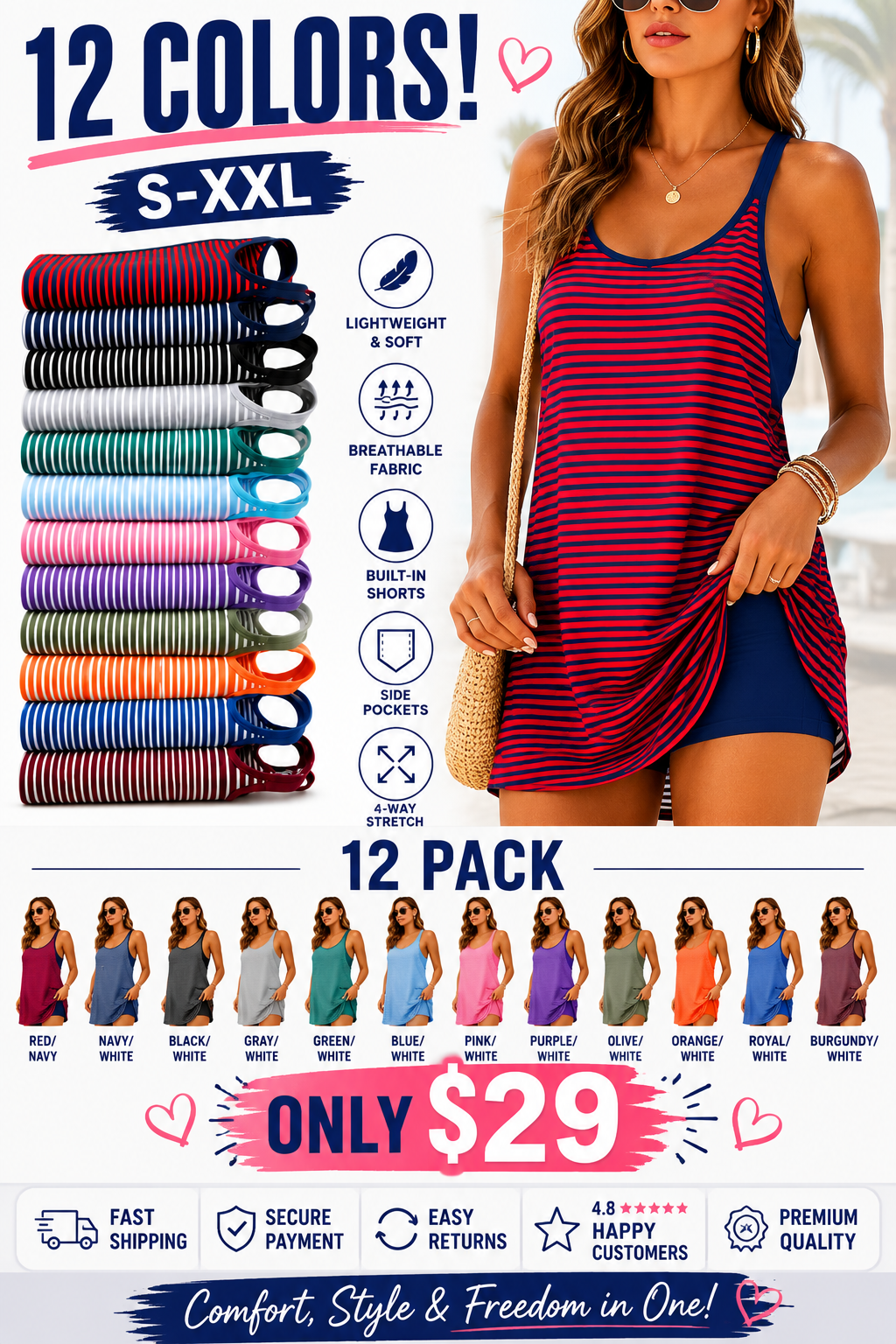 V-neck striped sporty sleeveless mini dress with built-in shorts