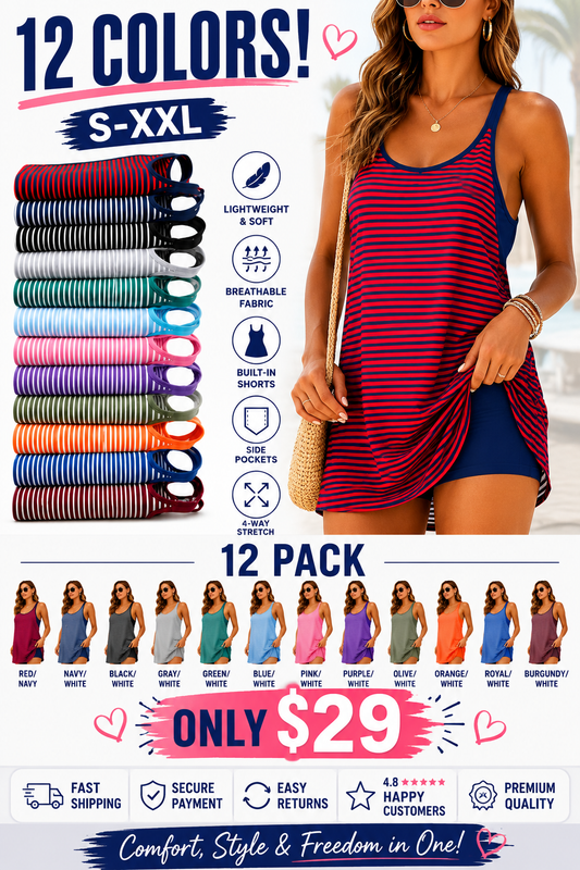 V-neck striped sporty sleeveless mini dress with built-in shorts
