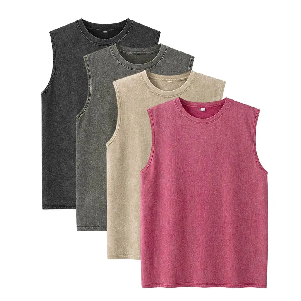 (4-pack)Oversized Vintage Washed Cotton Tees & Sleeveless Vests