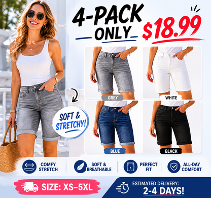 High-Waisted, Knee-Length, Cuffed Stretch Denim Shorts (Summer Style)
