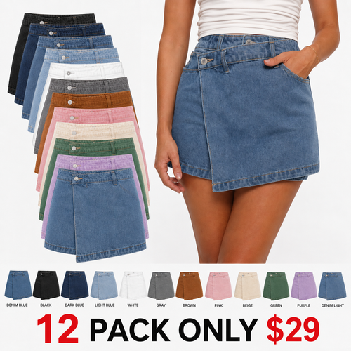 Women's high-waisted denim culottes, body-hugging stretch asymmetrical culottes