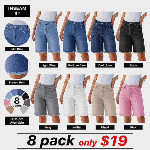 Women Trendy Mid Rise Raw Hem Knee Length Stretchy Denim Long Shorts