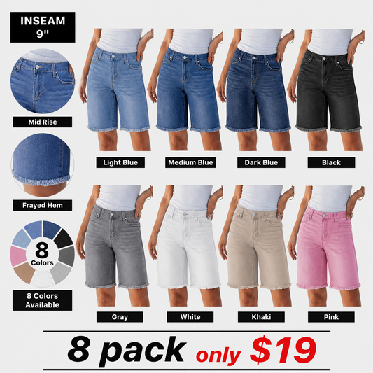 Pantalones cortos largos de mezclilla elásticos de mujer de moda de tiro medio con dobladillo sin rematar hasta la rodilla