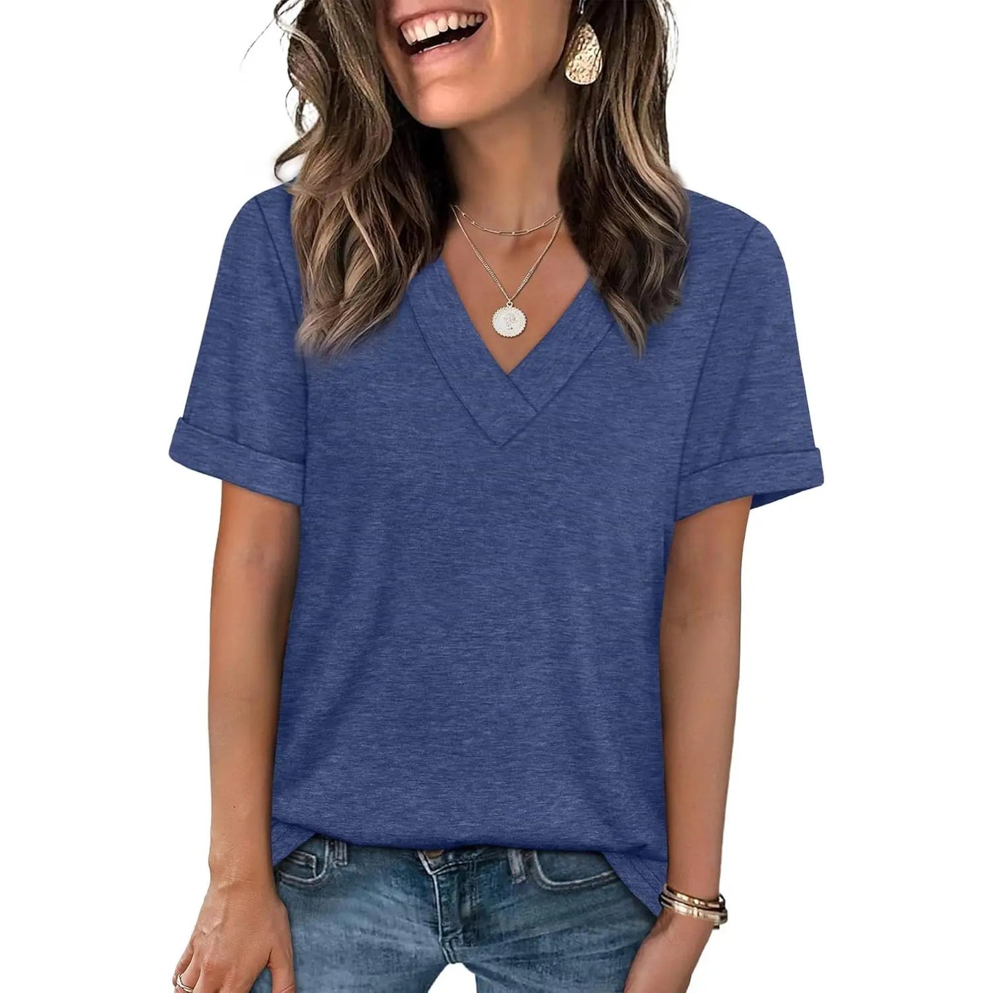Women's Sleeve Basic Casual V Neck Tops Short