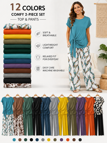 Women's Casual Printed Necktie Shirt and Loose Straight Pants Set
