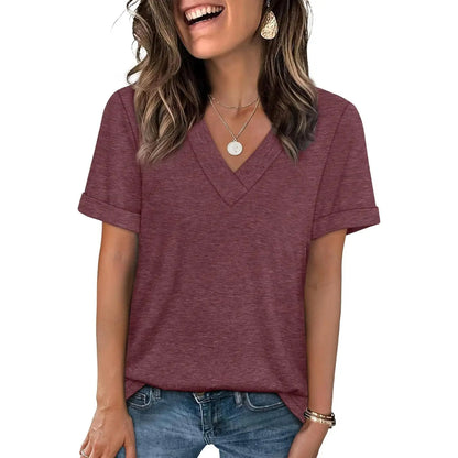 Women's Sleeve Basic Casual V Neck Tops Short