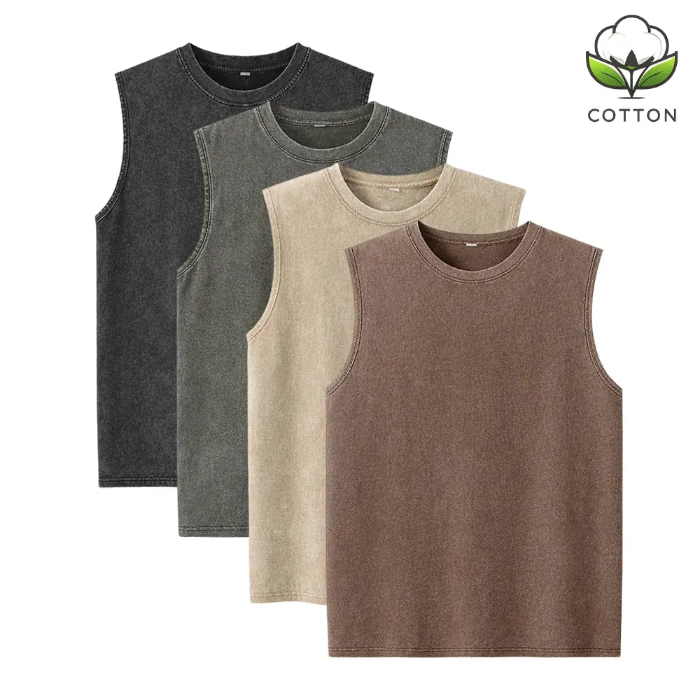(4-pack)Oversized Vintage Washed Cotton Tees & Sleeveless Vests
