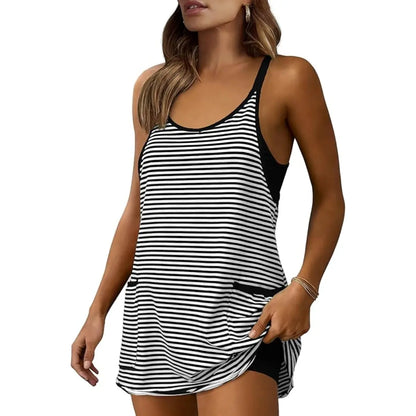 V-neck striped sporty sleeveless mini dress with built-in shorts