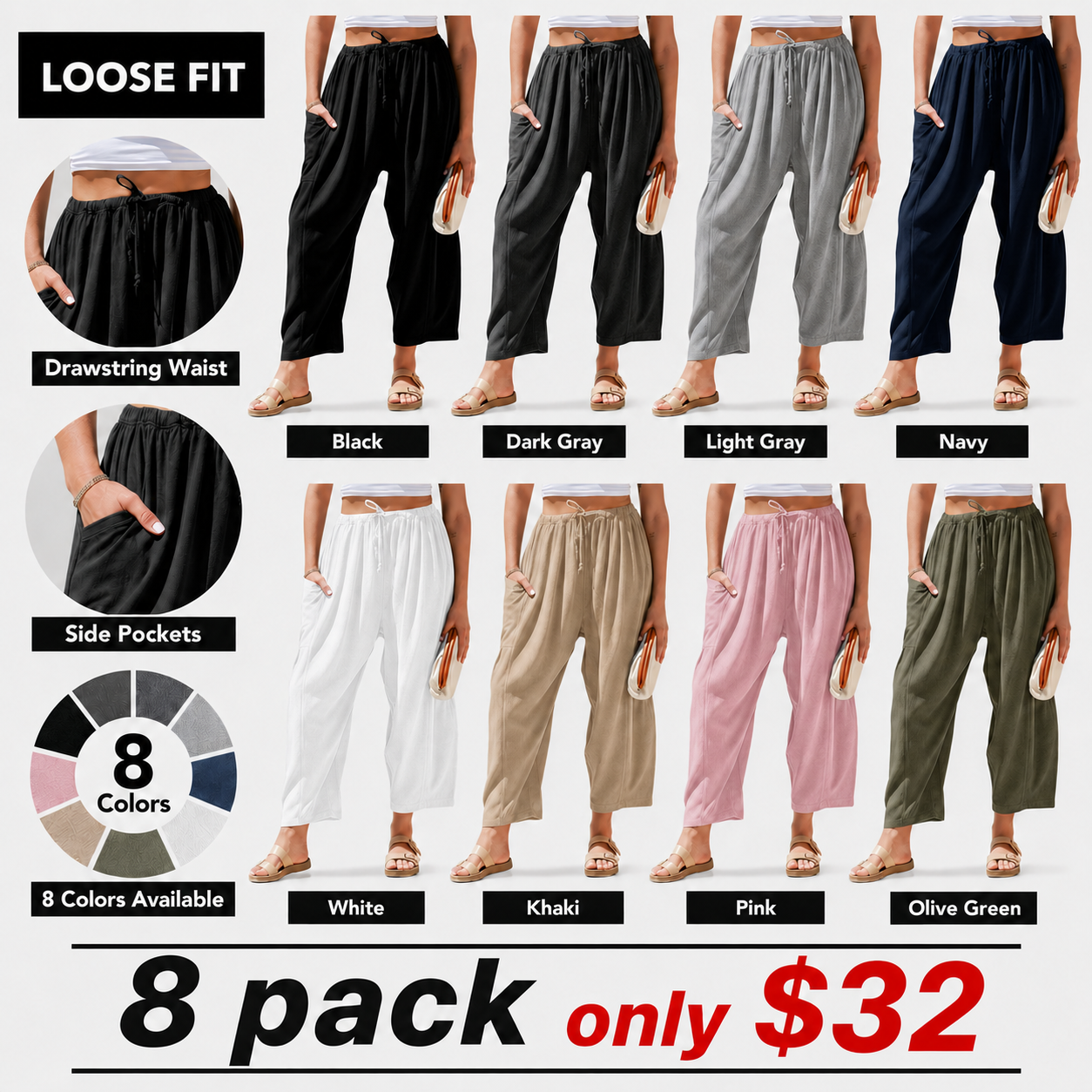 Womens Linen Blend Wide Leg Pants Oversize Casual Loose Fit Beach Palazzo Harem Pants（🎁）