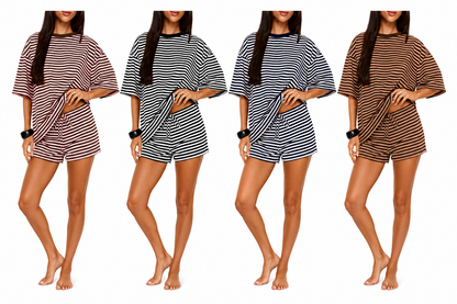 2 Spring Summer Stripe Print 2 Piece Outfit Women Clothes | Oversized T-Shirt + Drawstring Shorts