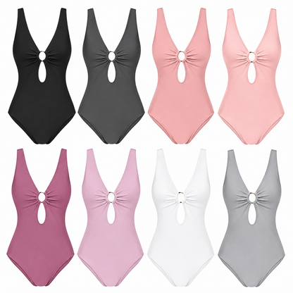 Plus-size, tummy-control, high-waisted one-piece swimsuit with removable breast pads.