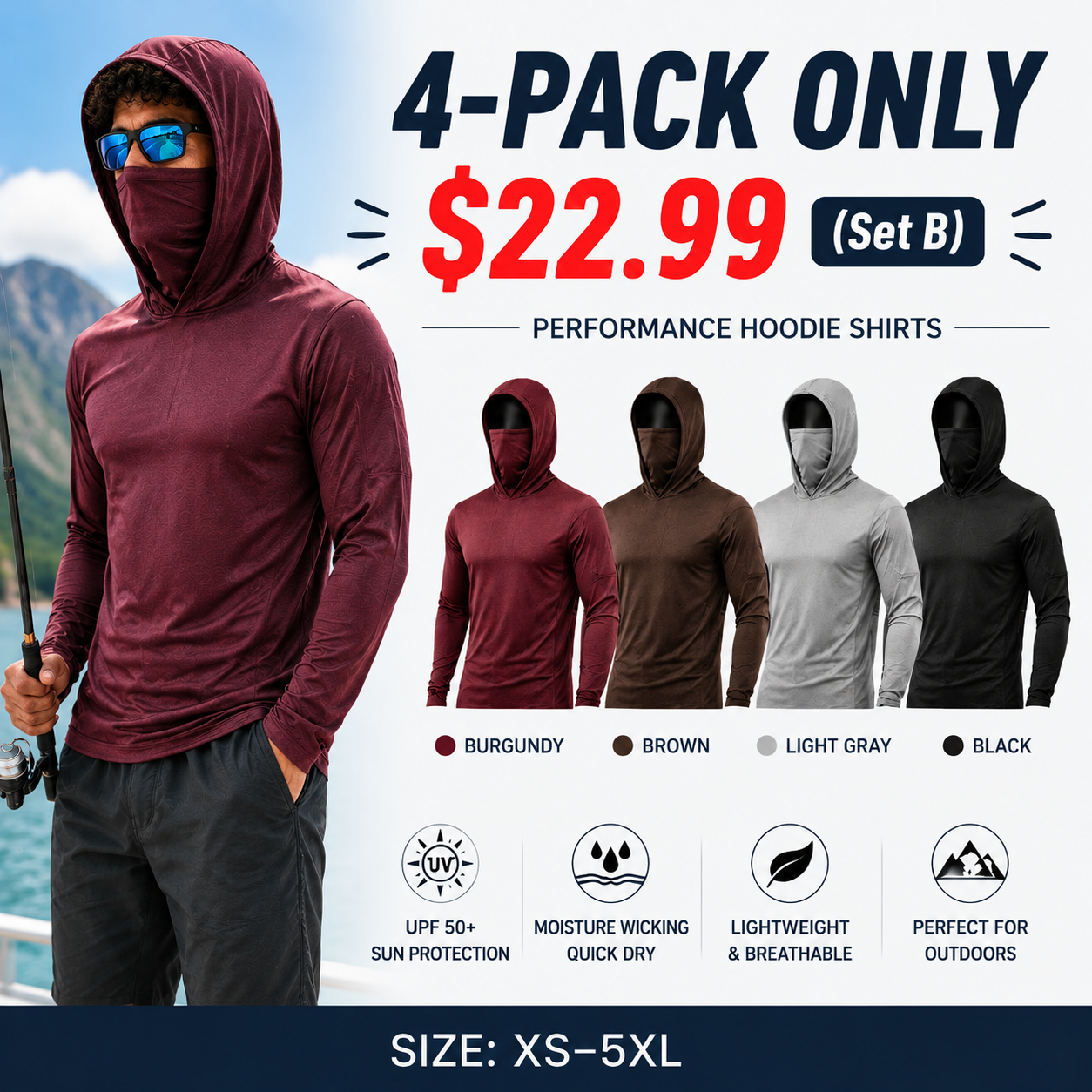 Men's UPF 50+ Long-Sleeve Sun-Protection Hoodie (with Sleeve Pocket and Face Mask)