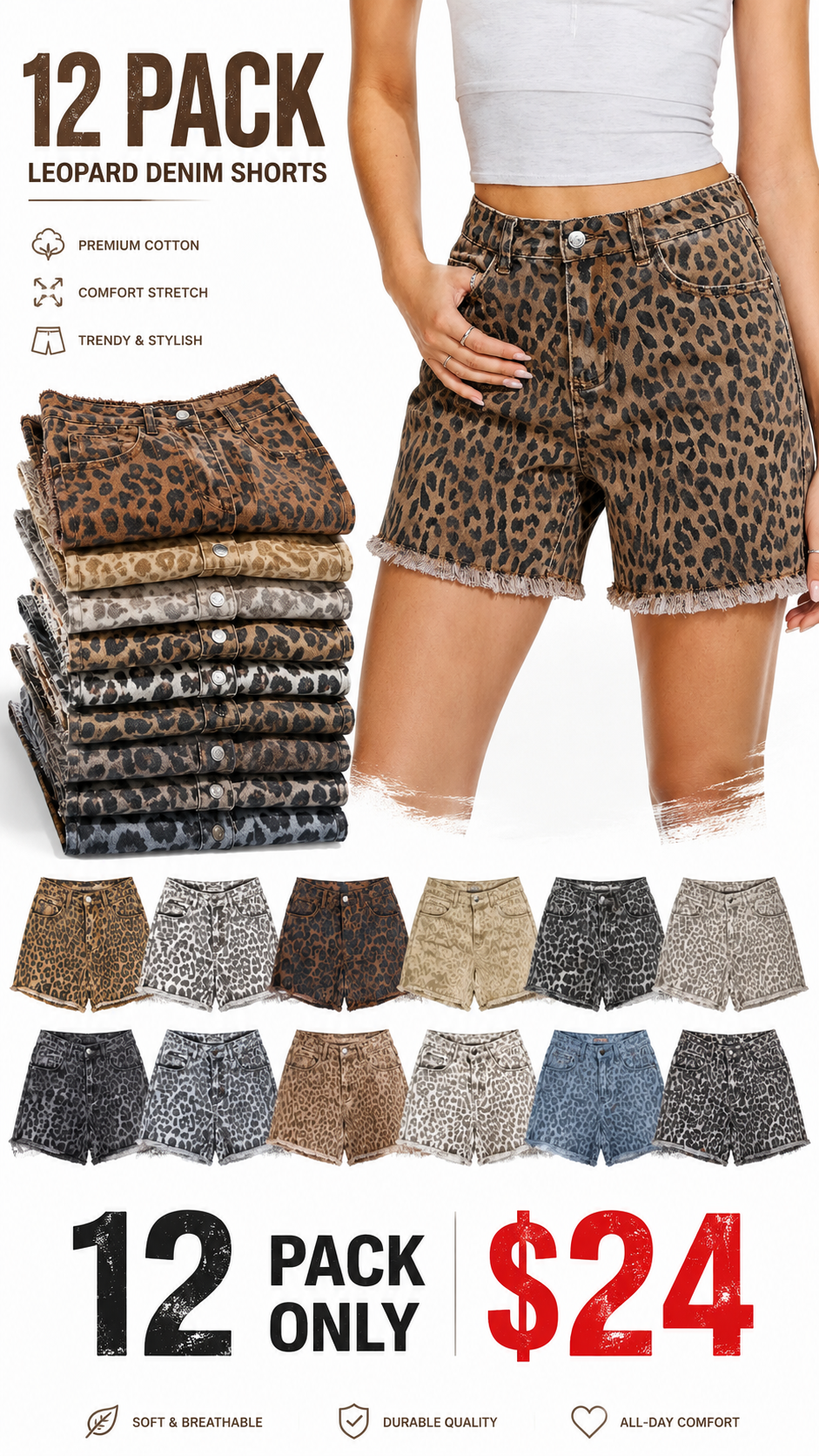 High-waisted mid-length leopard print frayed stretch denim casual summer shorts