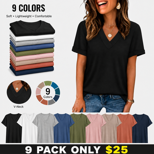 Women's Sleeve Basic Casual V Neck Tops Short