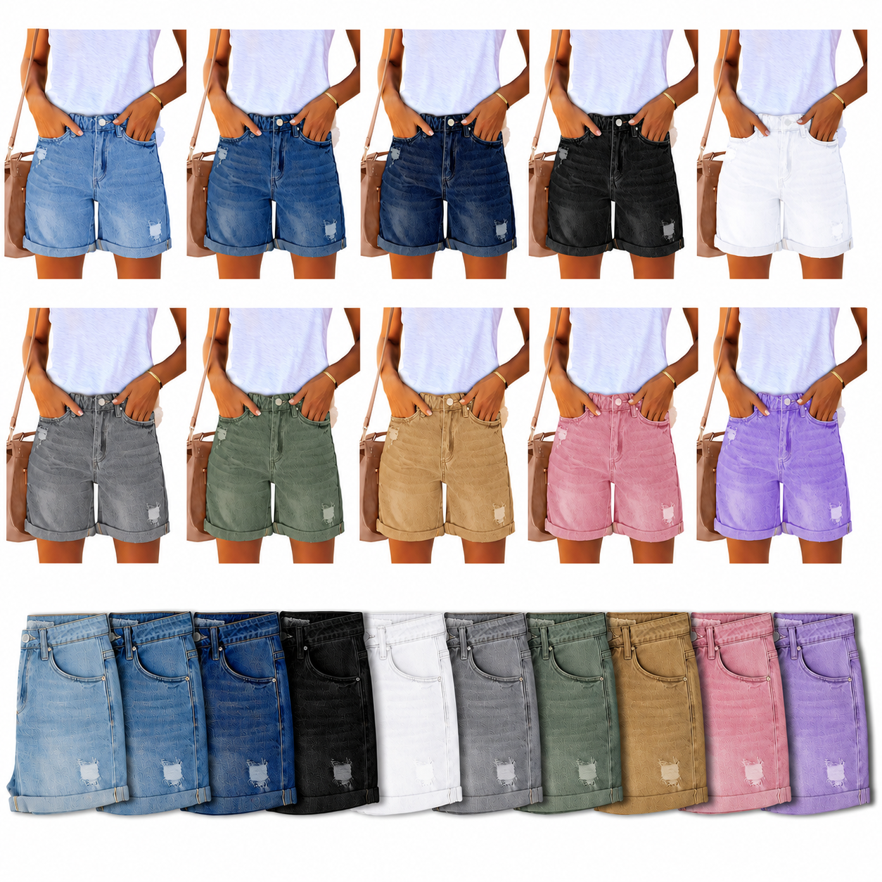 Pantalones cortos de mezclilla 8PACK, talle alto, desgastados, con dobladillo enrollado