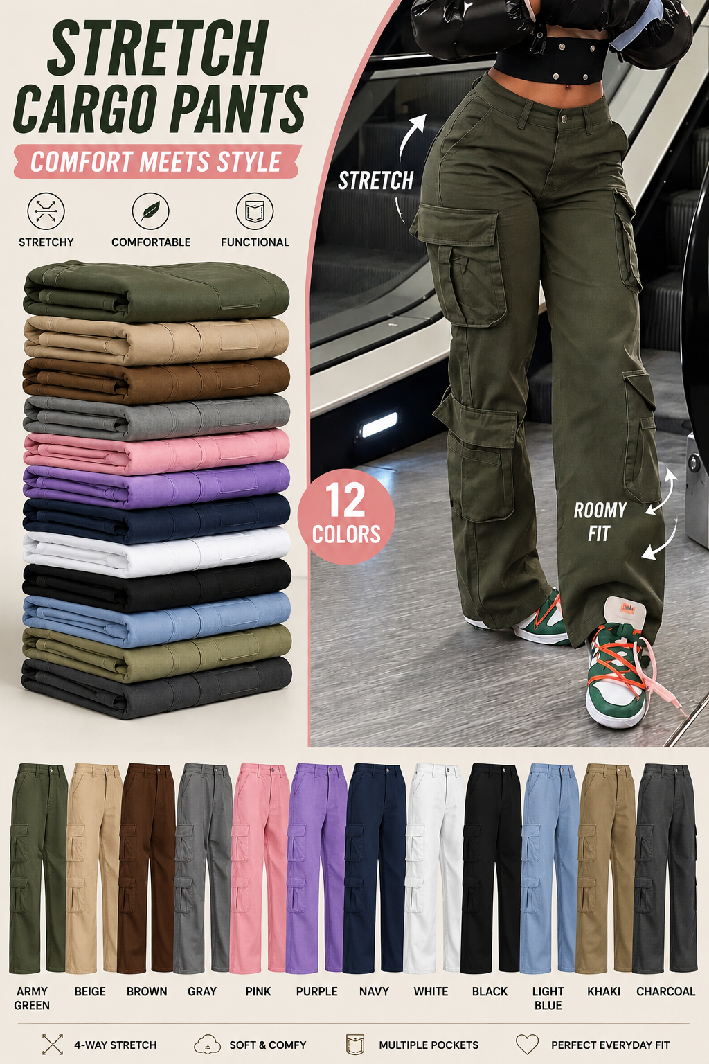 Women's High-Waisted Cargo Pants, Casual Comfortable Basic Style